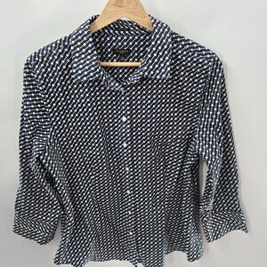 Talbots Petites Navy White Polka Dots Cotton Button Down Shirt Size 14P
